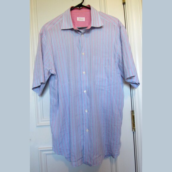 Brioni Men Shirt, blue/pink, linen/cotton, short sleeves, sz.L,made in Italy - Picture 1 of 8